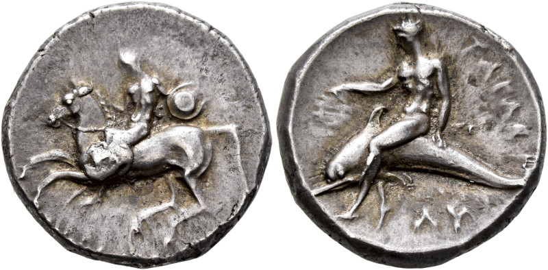 CALABRIA. Tarentum. Circa 280 BC. Didrachm or Nomos (Silver, 21 mm, 8.00 g, 10 h...
