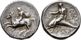 CALABRIA. Tarentum. Circa 280 BC. Didrachm or Nomos (Silver, 21 mm, 8.00 g, 10 h), Si.., Philokles and Ly..., magistrates. Nude warrior on horseback t...