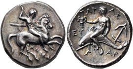 CALABRIA. Tarentum. Circa 280 BC. Didrachm or Nomos (Silver, 21 mm, 7.92 g, 12 h), Anthrop..., Eu... and Ap..., magistrates. ANΘPΩΠ Nude rider on hors...