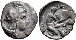 CALABRIA. Tarentum. Circa 325-280 BC. Diobol (Silver, 13 mm, 0.89 g, 11 h). Head of Athena to right, wearing crested Attic helmet adorned with Skylla ...