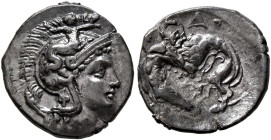 CALABRIA. Tarentum. Circa 302-280 BC. Diobol (Silver, 12 mm, 1.20 g, 6 h). Head of Athena to right, wearing crested Corinthian helmet adorned with Sky...