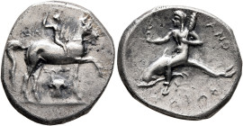 CALABRIA. Tarentum. Circa 280-272 BC. Didrachm or Nomos (Silver, 21 mm, 6.34 g, 8 h), Zo..., Zalo... and Anth..., magistrates. Nude youth riding horse...