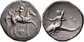 CALABRIA. Tarentum. Circa 280-272 BC. Didrachm or Nomos (Silver, 21 mm, 6.38 g, 9 h), Zo..., Zalo... and An..., magistrates. Nude youth riding horse w...