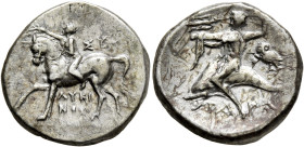 CALABRIA. Tarentum. Circa 272-240 BC. Didrachm or Nomos (Silver, 20.5 mm, 6.45 g, 12 h), Sy... and Lykinos, magistrates. Nude youth riding horse walki...