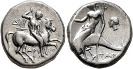 CALABRIA. Tarentum. Circa 272-240 BC. Didrachm or Nomos (Silver, 18 mm, 6.41 g, 12 h), Di... and Aristokles, magistrates. Nude rider on horse gallopin...