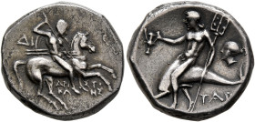 CALABRIA. Tarentum. Circa 272-240 BC. Didrachm or Nomos (Silver, 19 mm, 6.64 g, 3 h), Di... and Aristokles, magistrates. Nude rider on horse galloping...