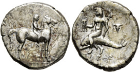 CALABRIA. Tarentum. Circa 272-240 BC. Didrachm or Nomos (Silver, 21 mm, 6.51 g, 9 h), Philemenos, magistrate. Nude youth riding horse standing to righ...
