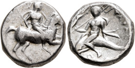 CALABRIA. Tarentum. Circa 272-240 BC. Didrachm or Nomos (Silver, 19 mm, 6.38 g, 2 h), Apollonios and Di..., magistrates. Nude rider on horse galloping...