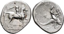 CALABRIA. Tarentum. Circa 272-240 BC. Didrachm or Nomos (Silver, 22 mm, 6.29 g, 1 h), Damokritos and Euph..., magistrates. EY / ΔAMOK-PI Youth on hors...