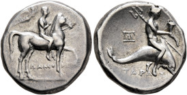 CALABRIA. Tarentum. Circa 272-240 BC. Didrachm or Nomos (Silver, 20 mm, 6.50 g, 1 h), Damokritos and Eu..., magistrates. EY / ΔAMOK-[PI] Youth on hors...