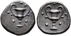 CALABRIA. Tarentum. Circa 280-228 BC. Obol (Silver, 9 mm, 0.58 g, 8 h). Kantharos with five pellets around. Rev. Kantharos with five pellets around; a...