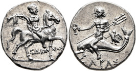 CALABRIA. Tarentum. Punic occupation, circa 212-209 BC. Half Shekel (Silver, 19 mm, 3.79 g, 12 h), Sokannas, magistrate. ΣΩKANNAΣ Warrior on horseback...
