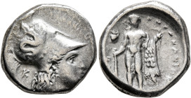 LUCANIA. Herakleia. Circa 281-278 BC. Didrachm or Nomos (Silver, 19 mm, 7.76 g, 3 h). Head of Athena to right, wearing Corinthian helmet adorned with ...