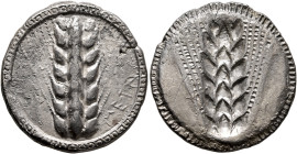 LUCANIA. Metapontion. Circa 510-470 BC. Stater (Silver, 24 mm, 7.47 g, 12 h). META Ear of barley with seven grains. Rev. Incuse ear of barley with six...