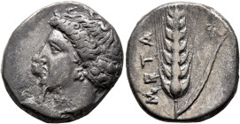 LUCANIA. Metapontion. Circa 400-340 BC. Didrachm or Nomos (Silver, 20 mm, 7.56 g, 5 h). Head of Demeter to left, her hair held back by net. Rev. META ...