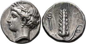 LUCANIA. Metapontion. Circa 340-330 BC. Didrachm or Nomos (Silver, 21 mm, 7.86 g, 3 h), Ly..., magistrate. Head of Demeter to left, wearing wreath of ...