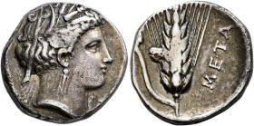 LUCANIA. Metapontion. Circa 340-330 BC. Didrachm or Nomos (Silver, 21 mm, 7.61 g, 3 h). Head of Demeter to right, wearing wreath of grain ears, triple...