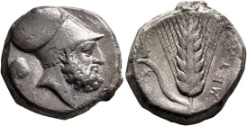 LUCANIA. Metapontion. Circa 340-330 BC. Didrachm or Nomos (Silver, 20 mm, 7.77 g, 9 h). Bearded head of Leukippos to right, wearing Corinthian helmet;...