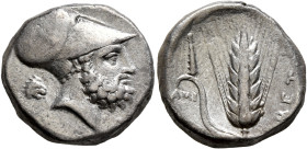 LUCANIA. Metapontion. Circa 340-330 BC. Didrachm or Nomos (Silver, 18 mm, 7.80 g, 11 h). Bearded head of Leukippos to right, wearing Corinthian helmet...
