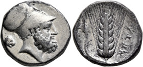 LUCANIA. Metapontion. Circa 340-330 BC. Didrachm or Nomos (Silver, 20 mm, 7.72 g, 5 h). Bearded head of Leukippos to right, wearing Corinthian helmet;...