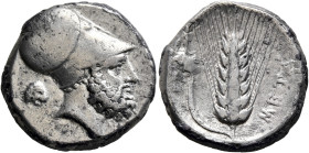 LUCANIA. Metapontion. Circa 340-330 BC. Didrachm or Nomos (Silver, 20 mm, 7.87 g, 3 h). Bearded head of Leukippos to right, wearing Corinthian helmet;...