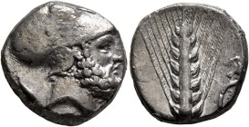 LUCANIA. Metapontion. Circa 340-330 BC. Didrachm or Nomos (Silver, 18 mm, 7.08 g, 9 h). [ΛEYKIΠΠOΣ] Bearded head of Leukippos to right, wearing Corint...