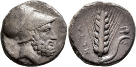 LUCANIA. Metapontion. Circa 340-330 BC. Didrachm or Nomos (Silver, 20 mm, 7.66 g, 3 h). ΛEYKIΠΠOΣ Bearded head of Leukippos to right, wearing Corinthi...