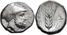 LUCANIA. Metapontion. Circa 340-330 BC. Didrachm or Nomos (Silver, 21 mm, 7.86 g, 9 h). ΛEYKIΠΠOΣ Bearded head of Leukippos to right, wearing Corinthi...