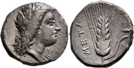 LUCANIA. Metapontion. Circa 330-290 BC. Didrachm or Nomos (Silver, 21 mm, 7.52 g, 9 h). Head of Demeter to right, wearing wreath of grain ears, triple...