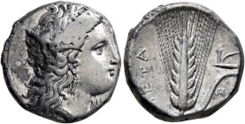 LUCANIA. Metapontion. Circa 330-290 BC. Didrachm or Nomos (Silver, 19 mm, 7.83 g, 3 h). Head of Demeter to right, wearing wreath of grain ears, triple...