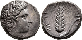 LUCANIA. Metapontion. Circa 330-290 BC. Didrachm or Nomos (Silver, 20 mm, 7.78 g, 12 h). Head of Demeter to right, wearing wreath of grain ears, tripl...