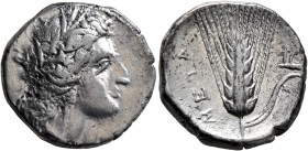 LUCANIA. Metapontion. Circa 330-290 BC. Didrachm or Nomos (Silver, 20 mm, 7.83 g, 3 h). Head of Demeter to right, wearing wreath of grain ears, triple...