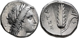 LUCANIA. Metapontion. Circa 330-290 BC. Didrachm or Nomos (Silver, 20 mm, 7.83 g, 11 h). Head of Demeter to right, wearing wreath of grain ears, tripl...