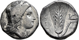 LUCANIA. Metapontion. Circa 330-290 BC. Didrachm or Nomos (Silver, 20 mm, 7.77 g, 6 h). Head of Demeter to right, wearing wreath of grain ears, triple...