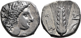 LUCANIA. Metapontion. Circa 330-290 BC. Didrachm or Nomos (Silver, 19 mm, 7.95 g, 12 h). Head of Demeter to right, wearing wreath of grain ears, tripl...
