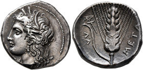 LUCANIA. Metapontion. Circa 330-290 BC. Nomos (Silver, 21 mm, 7.95 g, 10 h), Dori... and Da..., magistrates. Head of Demeter to left, wearing wreath o...