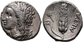 LUCANIA. Metapontion. Circa 330-290 BC. Didrachm or Nomos (Silver, 20 mm, 7.78 g, 2 h). Head of Demeter to left, wearing wreath of grain ears, triple ...