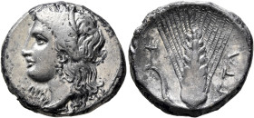 LUCANIA. Metapontion. Circa 330-290 BC. Didrachm or Nomos (Silver, 21 mm, 7.72 g, 6 h). Head of Demeter to left, wearing wreath of grain ears, triple ...