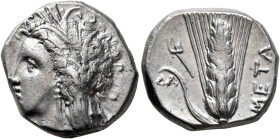 LUCANIA. Metapontion. Circa 330-290 BC. Didrachm or Nomos (Silver, 20 mm, 7.93 g, 9 h). Head of Demeter to left, wearing wreath of grain ears, triple ...