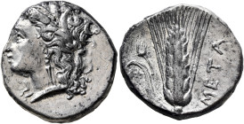 LUCANIA. Metapontion. Circa 330-290 BC. Didrachm or Nomos (Silver, 20 mm, 7.81 g, 3 h). Head of Demeter to left, wearing wreath of grain ears, triple ...