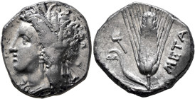 LUCANIA. Metapontion. Circa 330-290 BC. Didrachm or Nomos (Silver, 21 mm, 7.84 g, 9 h). Head of Demeter to left, wearing wreath of grain ears, triple ...