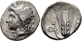 LUCANIA. Metapontion. Circa 330-290 BC. Didrachm or Nomos (Silver, 22 mm, 7.79 g, 9 h). Head of Demeter to left, wearing wreath of grain ears, triple ...