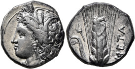 LUCANIA. Metapontion. Circa 330-290 BC. Didrachm or Nomos (Silver, 20 mm, 7.86 g, 9 h). Head of Demeter to left, wearing wreath of grain ears, triple ...