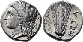 LUCANIA. Metapontion. Circa 330-290 BC. Didrachm or Nomos (Silver, 19 mm, 7.85 g, 12 h). Head of Demeter to left, wearing wreath of grain ears, triple...