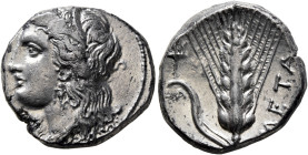LUCANIA. Metapontion. Circa 330-290 BC. Didrachm or Nomos (Silver, 19 mm, 7.87 g, 2 h). Head of Demeter to left, wearing wreath of grain ears, triple ...