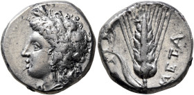 LUCANIA. Metapontion. Circa 330-290 BC. Didrachm or Nomos (Silver, 20 mm, 7.90 g, 1 h), Atha..., magistrate. Head of Demeter to left, wearing wreath o...