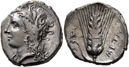 LUCANIA. Metapontion. Circa 330-290 BC. Didrachm or Nomos (Silver, 22 mm, 7.76 g, 6 h). Head of Demeter to left, wearing wreath of grain ears, triple ...