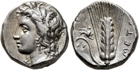 LUCANIA. Metapontion. Circa 330-290 BC. Didrachm or Nomos (Silver, 19 mm, 7.86 g, 6 h), Ly..., magistrate. Head of Demeter to left, wearing wreath of ...