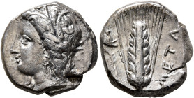 LUCANIA. Metapontion. Circa 330-290 BC. Didrachm or Nomos (Silver, 19 mm, 7.63 g, 4 h). Head of Demeter to left, wearing wreath of grain ears, triple ...