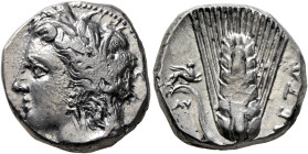 LUCANIA. Metapontion. Circa 330-290 BC. Didrachm or Nomos (Silver, 19 mm, 7.98 g, 3 h). Head of Demeter to left, wearing wreath of grain ears, triple ...